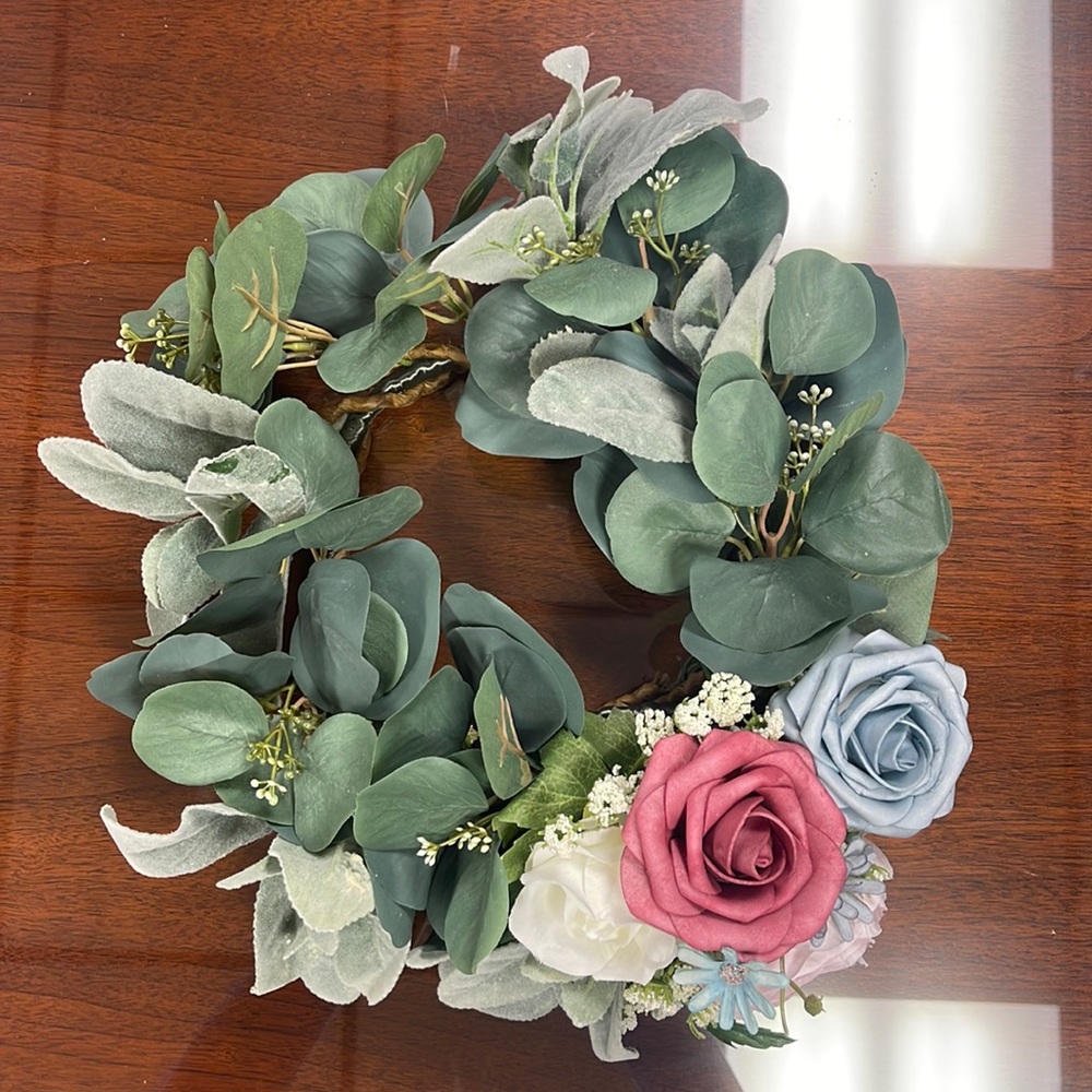 Eucalyptus & Lamb's Ear Wreath (approx 14") with roses and baby's breath